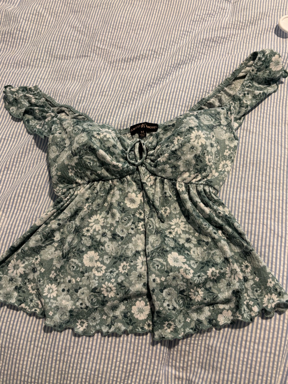 Almost famous Sage Green Floral Ring-Front Off-Shoulder Top